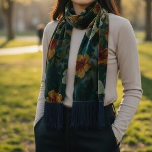 Vintage Multicolor Sheer Floral Velvet Burnout Scarf Fringe Boho Romantic